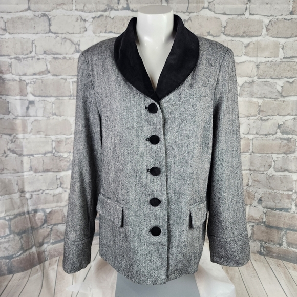 Vintage 80s Wool Preppy Tweed Blazer Velvet Trims Black White Academia Size 16 - Picture 1 of 15